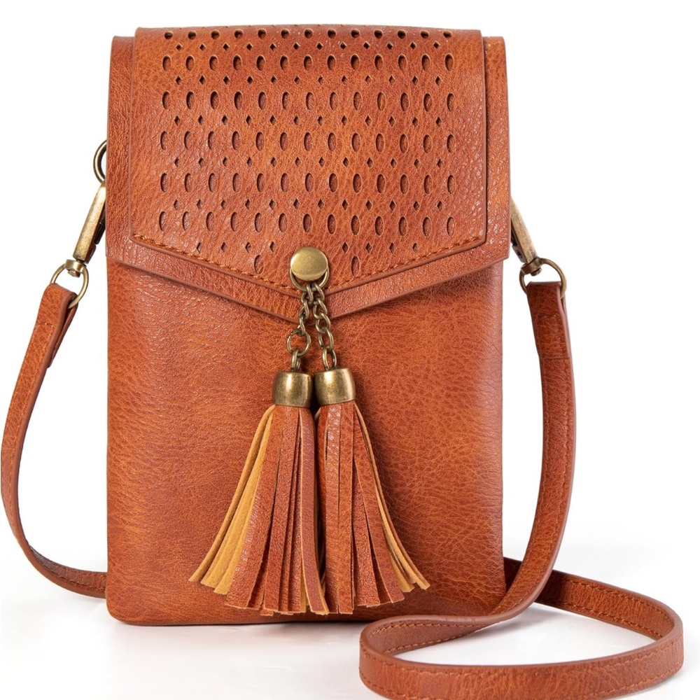 Brown Crossbody Bag with Tassels and Gold Hardware